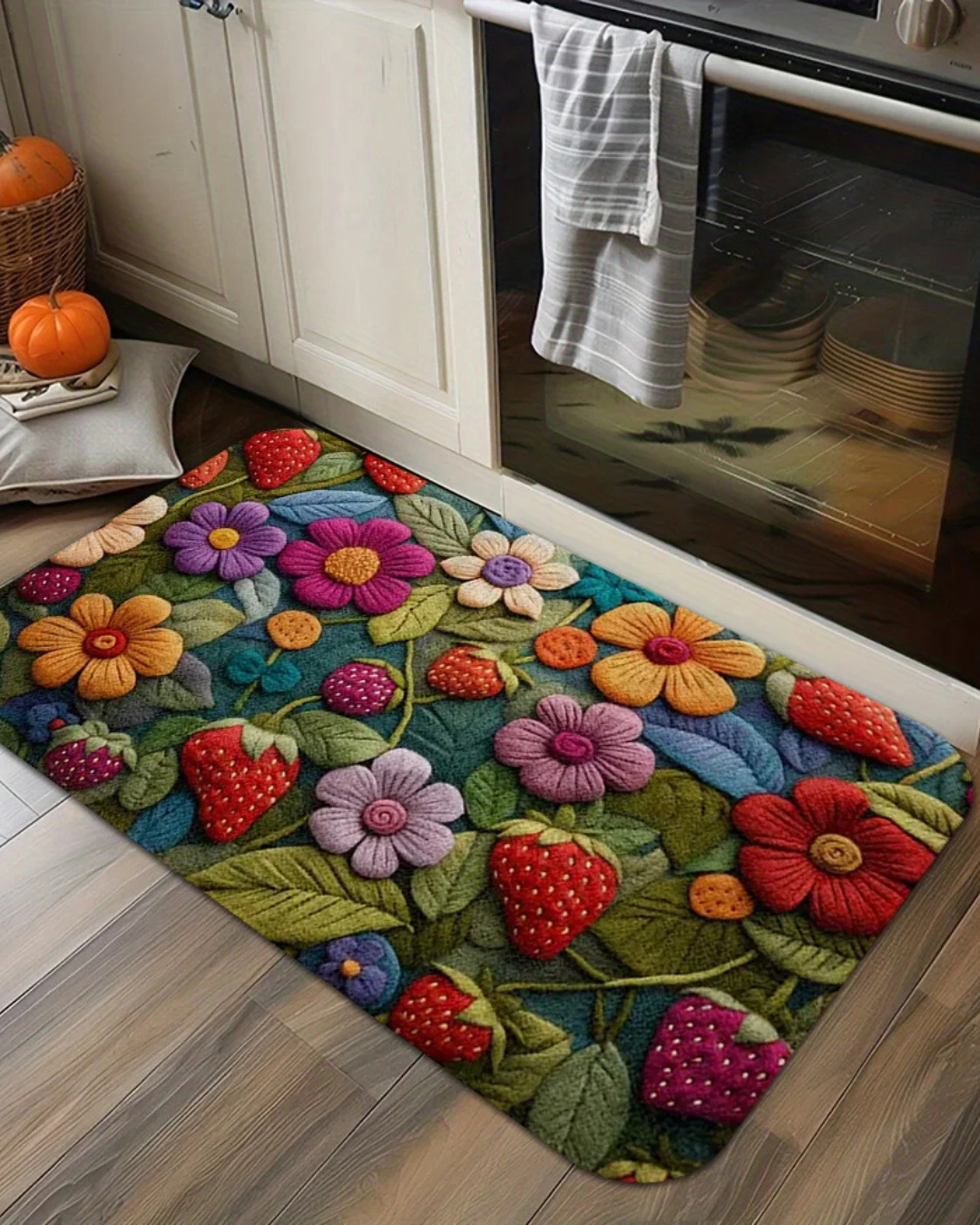 Tapete 3D Morango com Flor Macio, Antiderrapante e Decorativo | Home Gaju