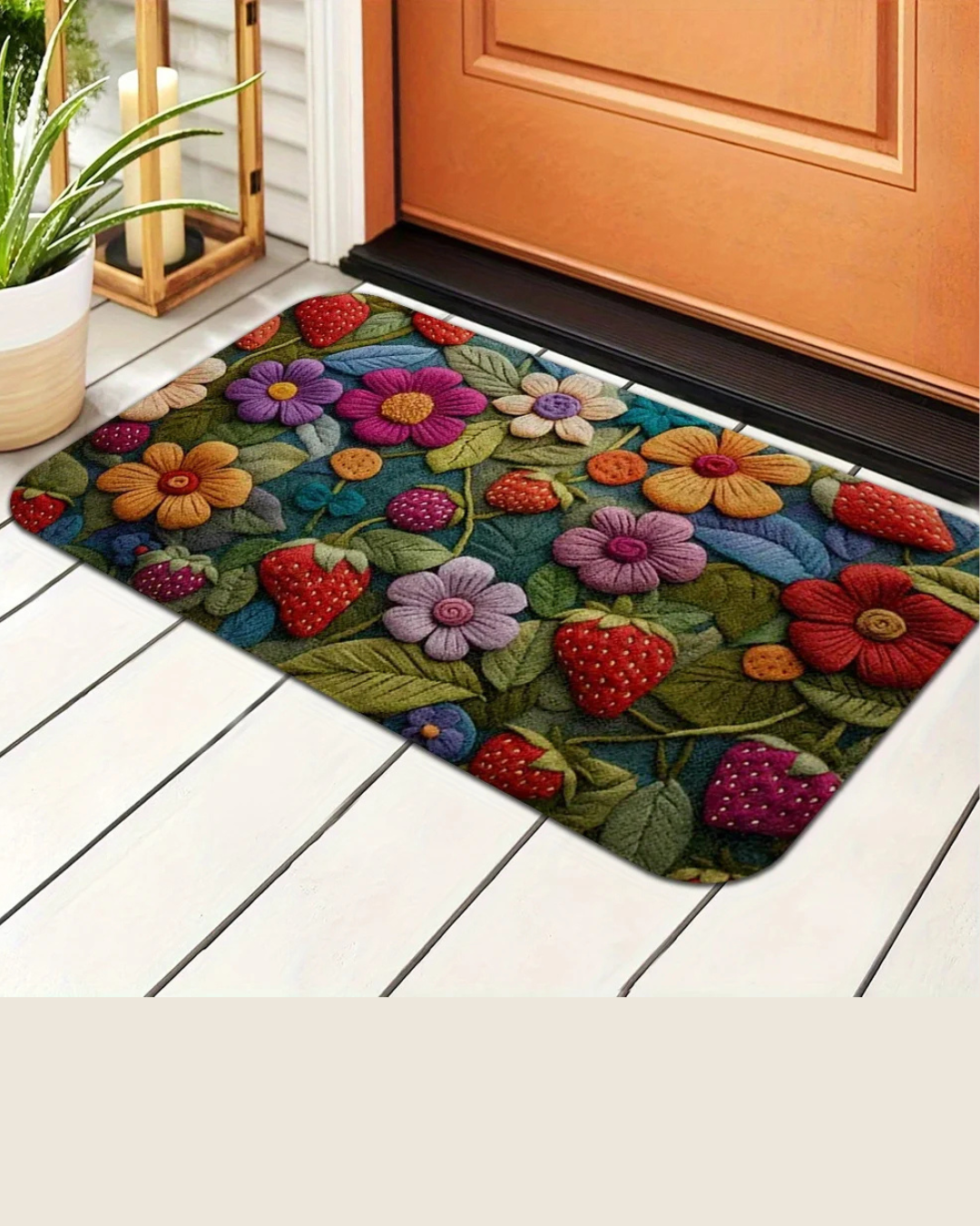 Tapete 3D Morango com Flor Macio, Antiderrapante e Decorativo | Home Gaju