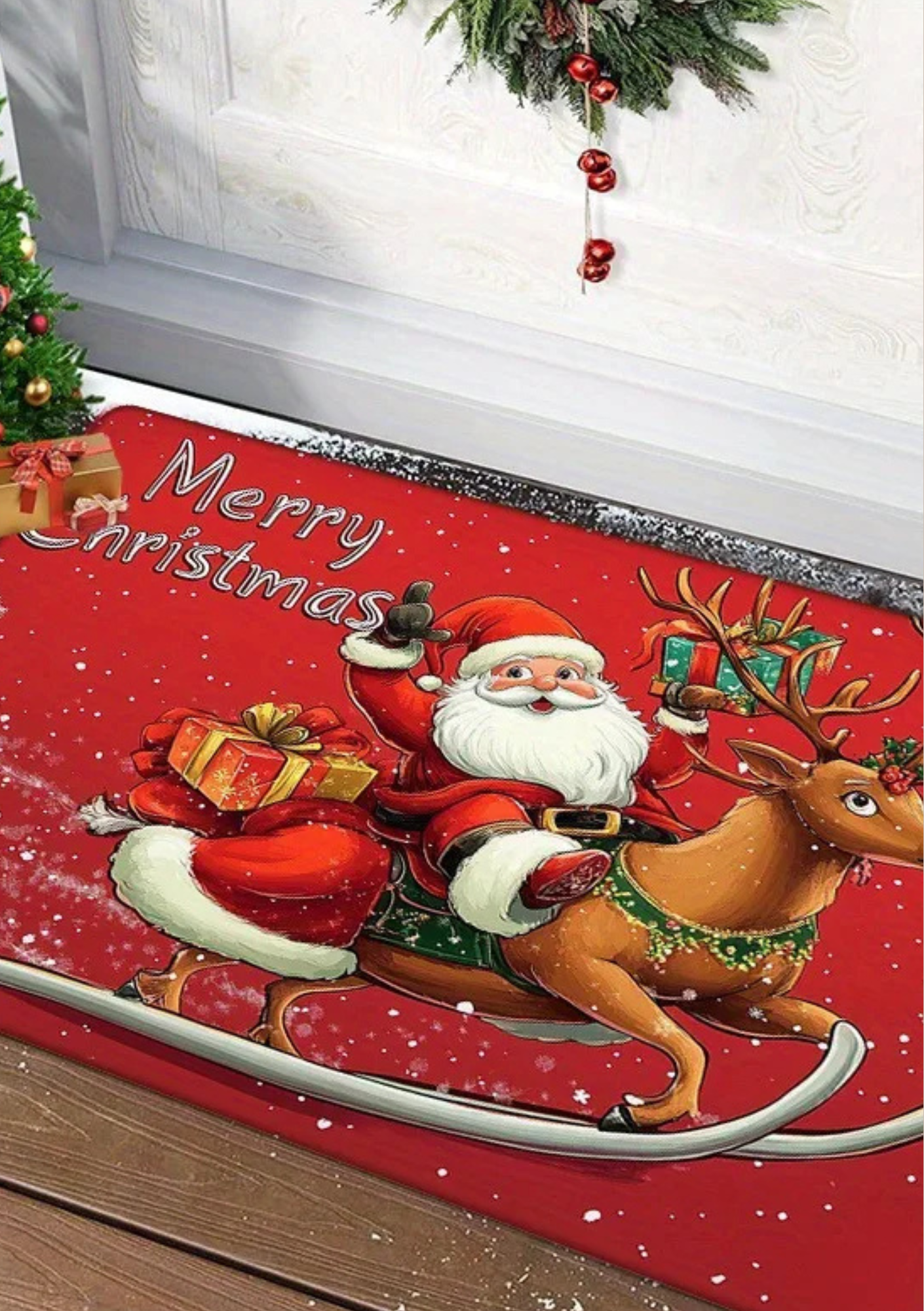Tapete de Porta Feliz Natal Papai Noel com Rena