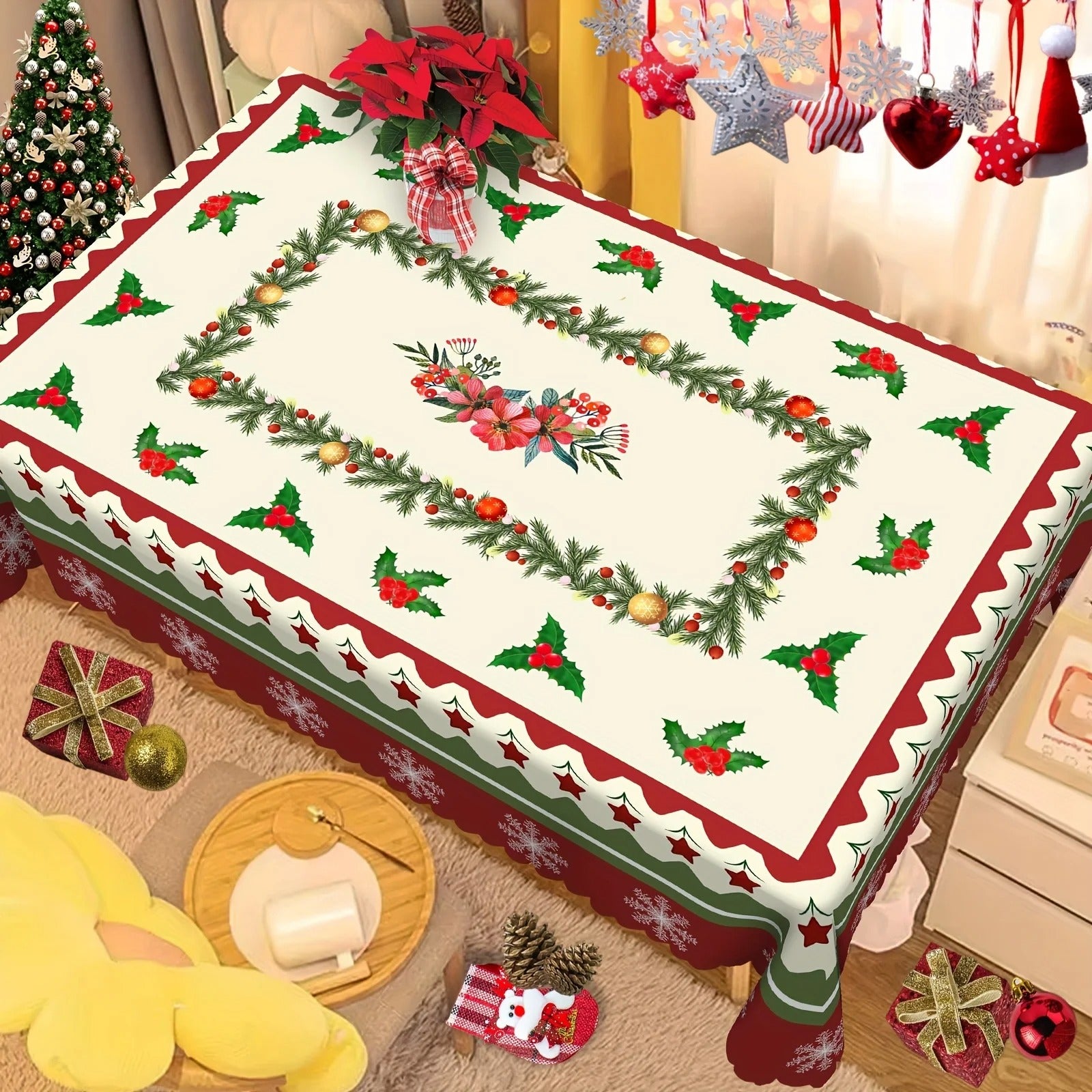 Toalha de Mesa Natalina à Prova d'Água próximo a árvore de natal