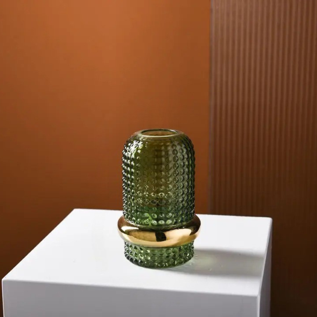 Vaso de Vidro Verde Escuro com Borda Dourada | Decoração de Mesa Europeia | Home Gaju