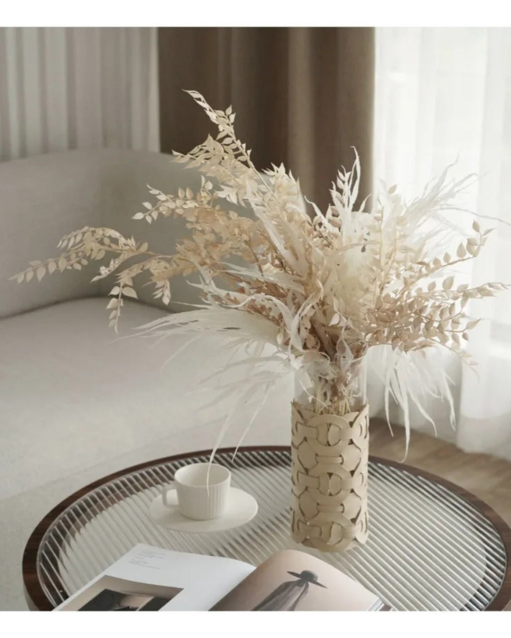 Vaso de Vidro com Couro Trançado Decoração Moderna para Sala ou Mesa | Home Gaju
