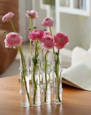 Conjunto de vasos de vidro para decoração com flores rosas sobre a mesa perto do livro