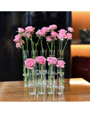 Conjunto de vasos de vidro para decoração com flores rosas sobre a mesa
